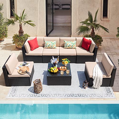 7 Pieces Wicker Rattan Outdoor Sectional Sofa Set with Cushion and Glass Table I74421