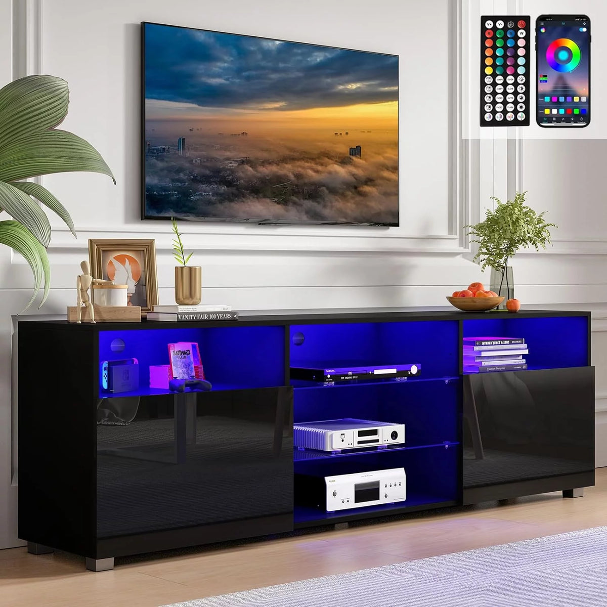 Black LED TV Stand with Glossy Cabinets H185188