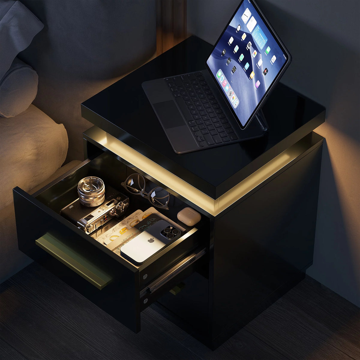 Black Set of 2 End Tables with LED Lights and Two Drawers I738511