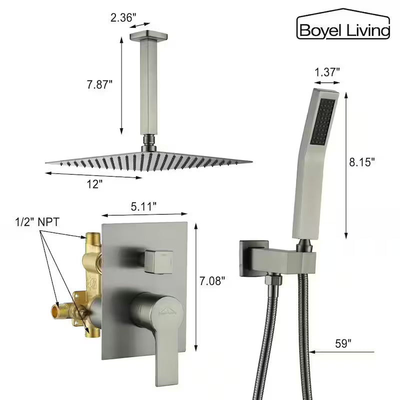 12 in. Ceiling Mount Dual Shower Heads with Pressure Balance Valve in Brushed Nickel V87739