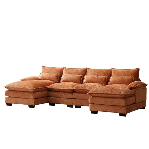 U Shape Sectional Sofa, 110" Upholstery Modular Sofa, 4 Seat Chenille Sleeper Sofa with Double Chaise, Orange Q5934