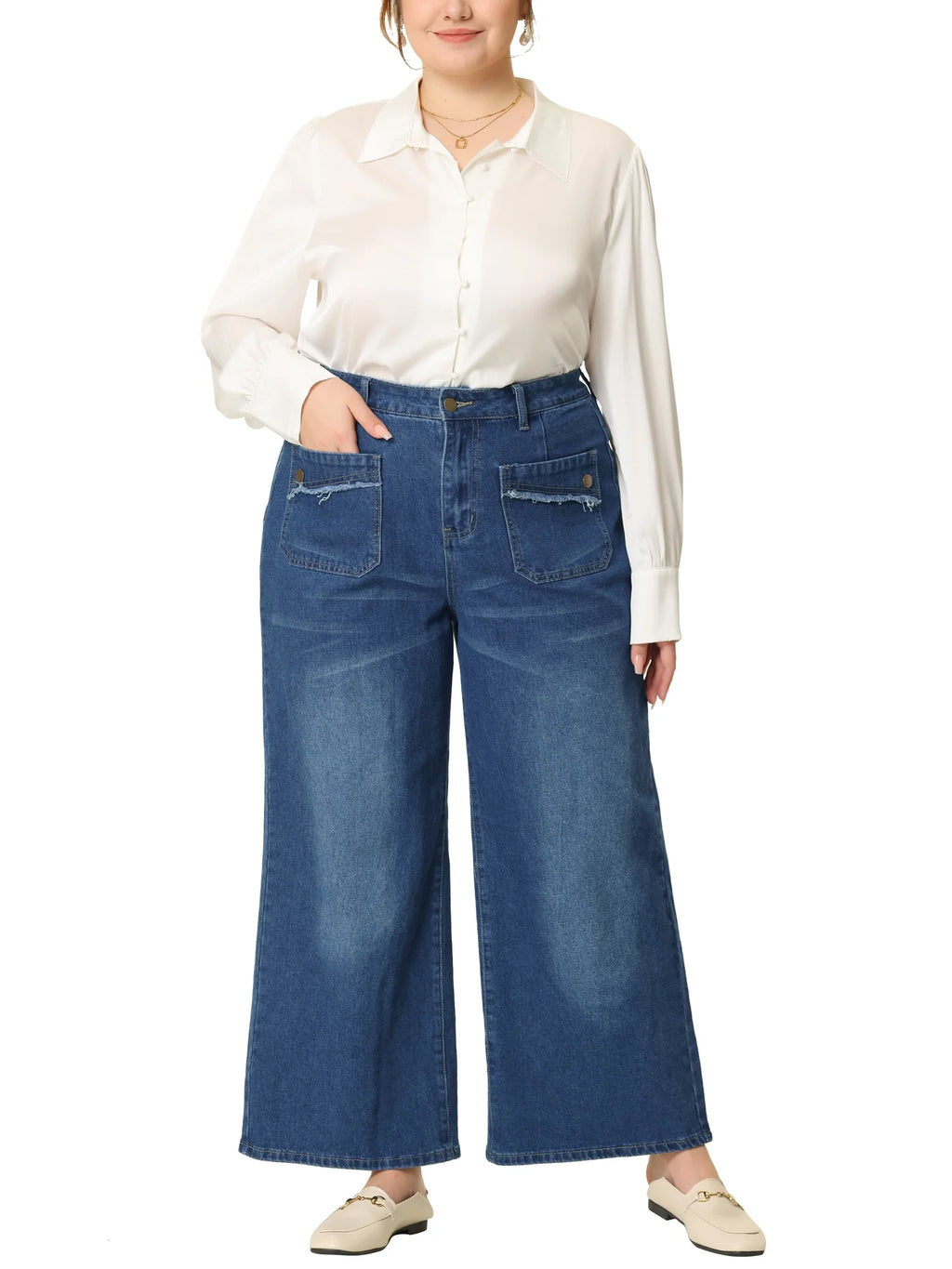 Plus Size Wide Leg Stretch Washed Long Jeans D8621