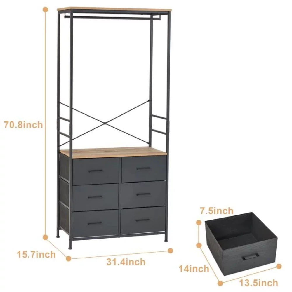 Freestanding Clothing Rack with Hanging Rod and 6 Drawer Wooden Wardrobe Armoire D172