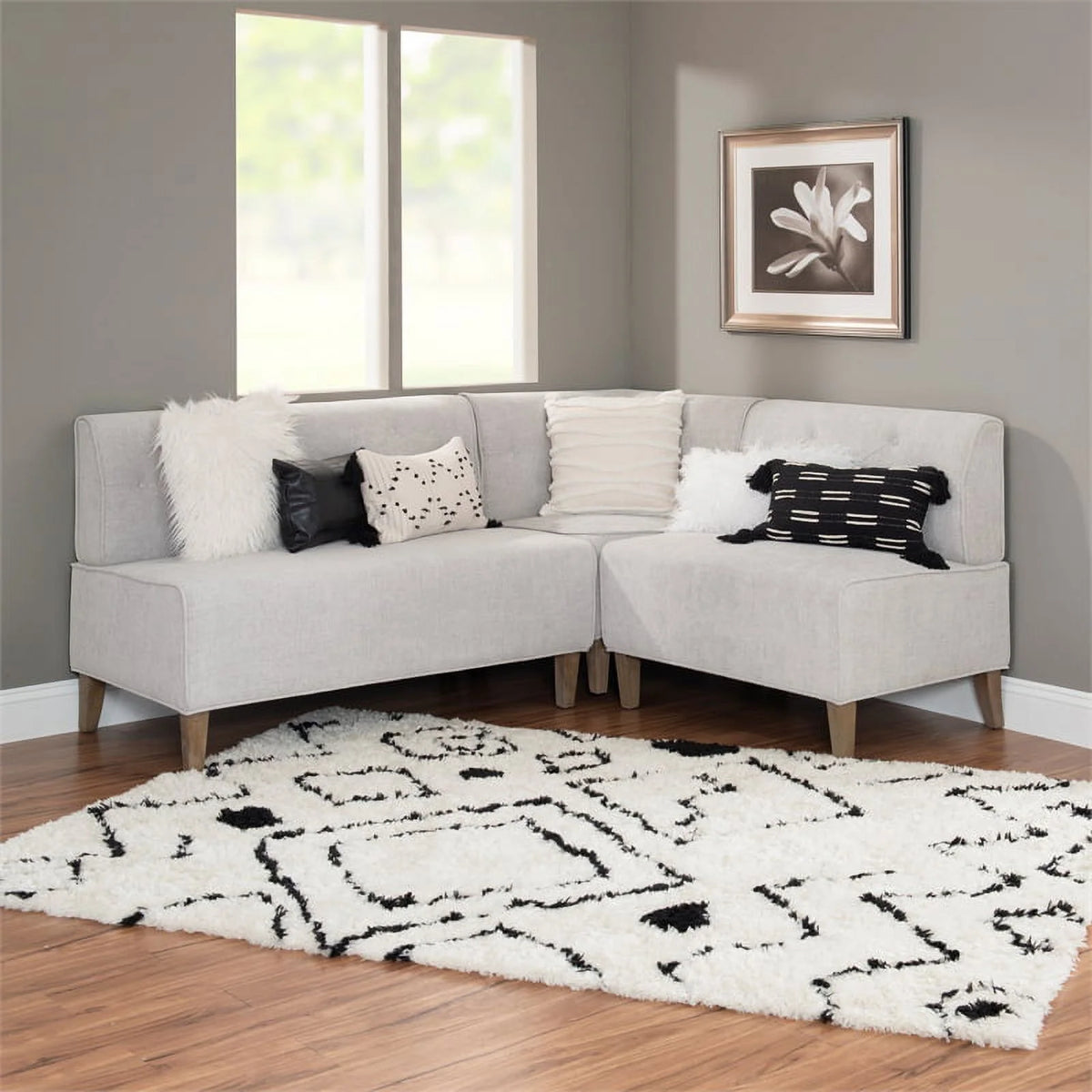 Light Grey Wood Upholstered Corner Bench R111