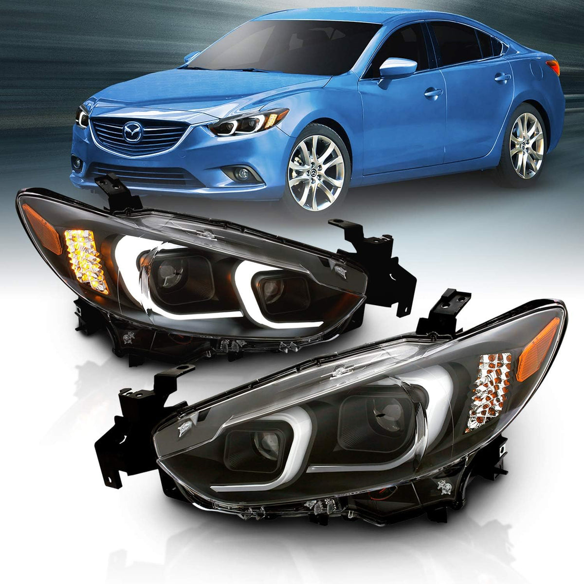 Black Projector Headlights with Glow Bar (Pair) T6150