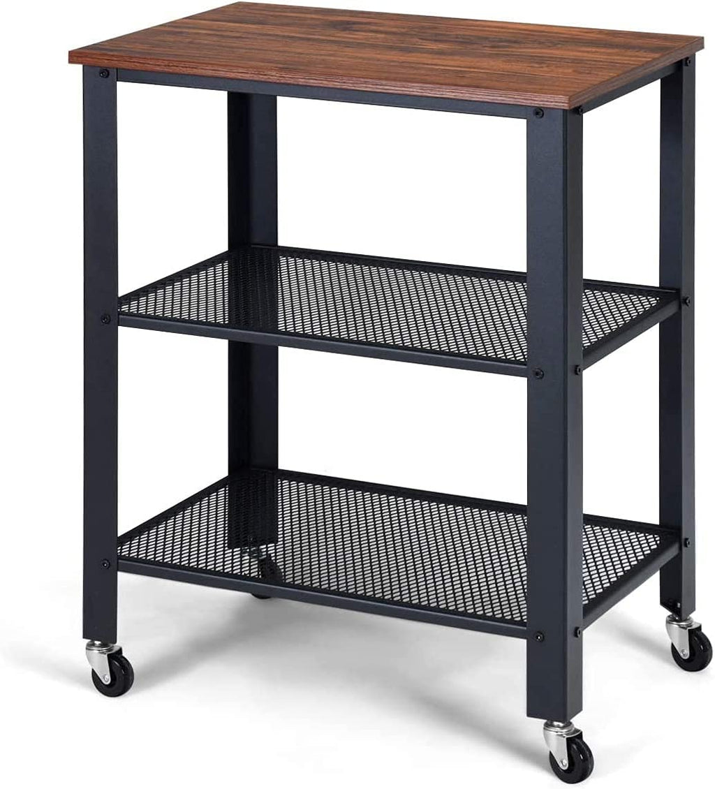 3-Tier Rolling Utility Cart with Metal Frame Wooden Table and Two Grid Storage Shelves M541