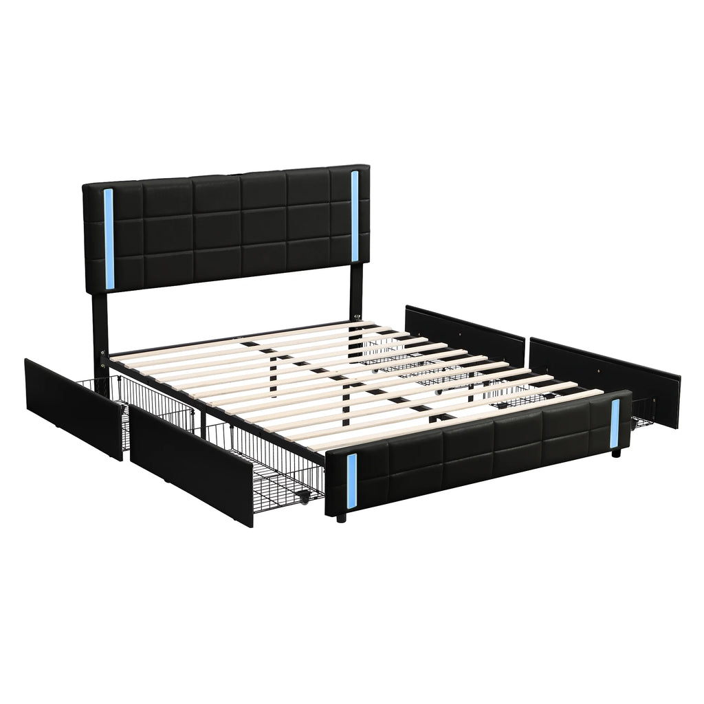 Queen Size Upholstered Platform Bed with LED Lights and USB Charging, 4 Drawers, Black L585663