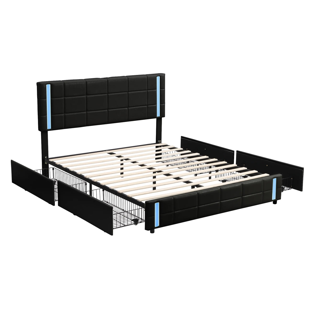 Queen Size Upholstered Platform Bed with LED Lights and USB Charging, 4 Drawers, Black L585663