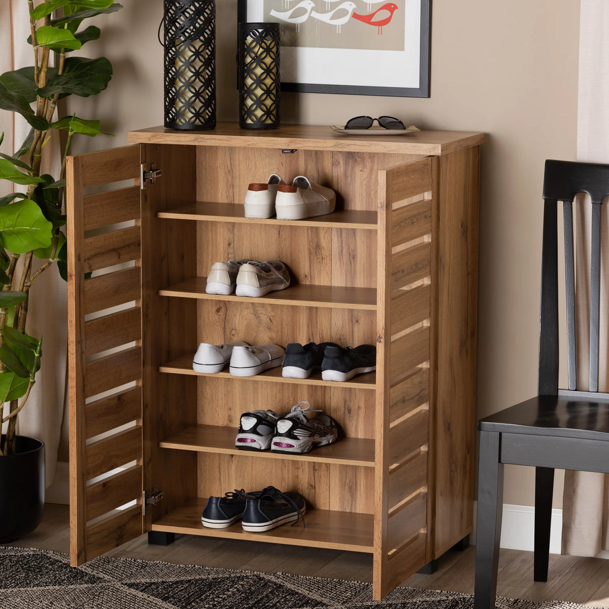 Oak Brown Finished Wood 2-Door Shoe Storage Cabinet R52102
