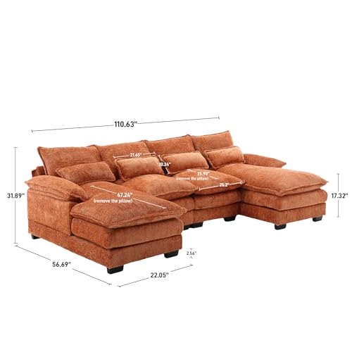 U Shape Sectional Sofa, 110" Upholstery Modular Sofa, 4 Seat Chenille Sleeper Sofa with Double Chaise, Orange Q5934
