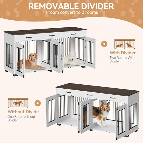 White Wooden Double Dog Crate with 3 Drawers B322
