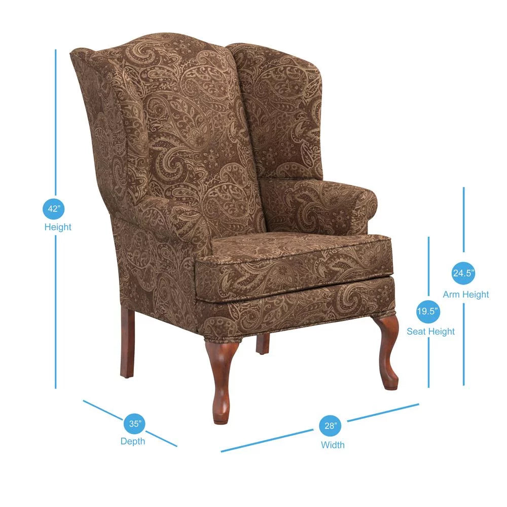 Paisley Cocoa Brown Chenille Fabric Wing Back Accent Chair T6201