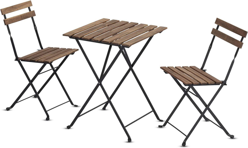 3 Pieces Folding Dining Table Chairs with Teak Wooden Top Anti-Rust Steel Frame R237175