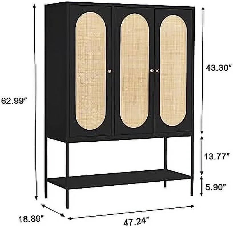 Large 3 Door Rattan Wardrobe Closet with Shelves and Hanging Rail E9674