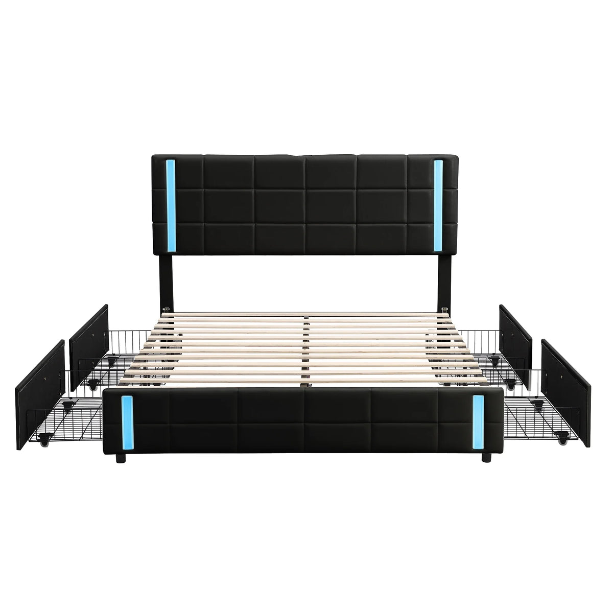 Queen Size Upholstered Platform Bed with LED Lights and USB Charging, 4 Drawers, Black L585663