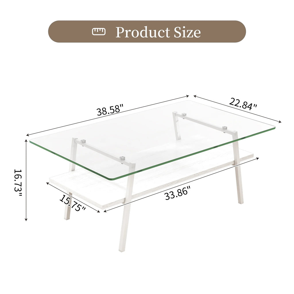 Rectangle Coffee Table with Tempered Glass Tabletop and White Metal Legs K9415