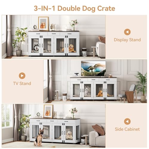 White Wooden Double Dog Crate with 3 Drawers B322