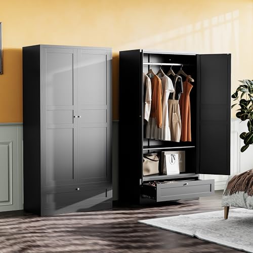 White Metal Wardrobe Cabinet with Adjustable Shelves and Hanging Rod U8464
