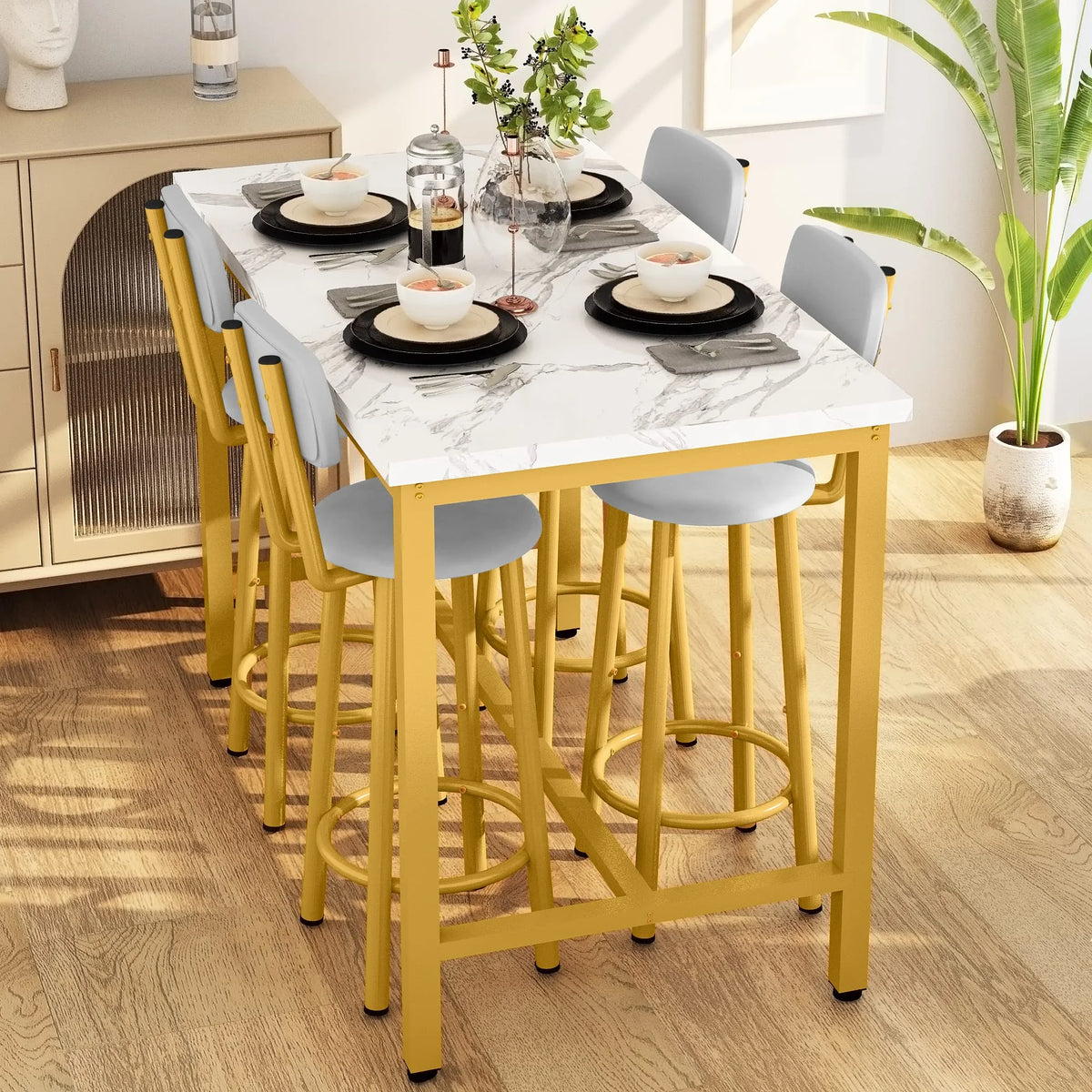 Faux Marble Counter Height Dining Table Set with 4 PU Upholstered Stools E199