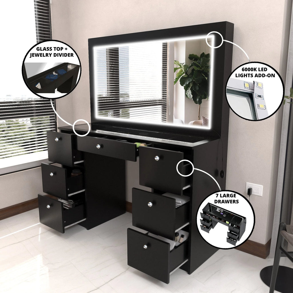 Modern Black Vanity Desk with LED Lights, 7 Drawers, Mirror C9122