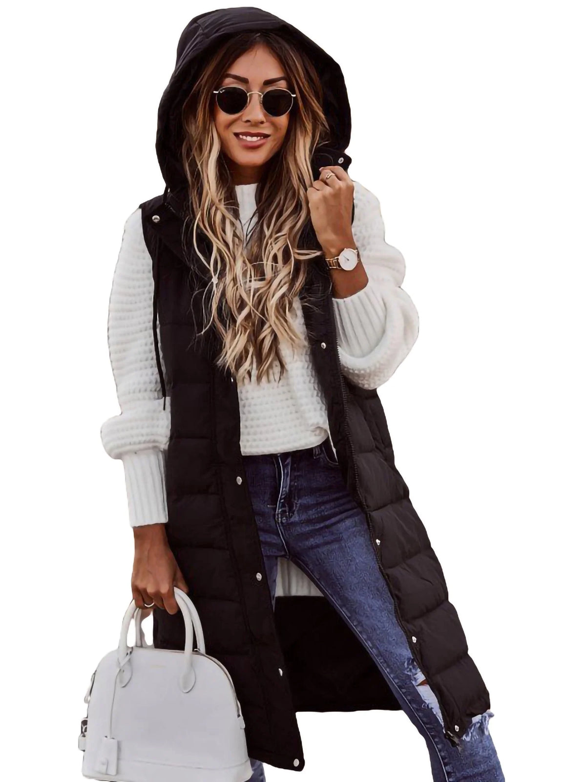 Black Hooded Long Padded Quilted Vest P2628