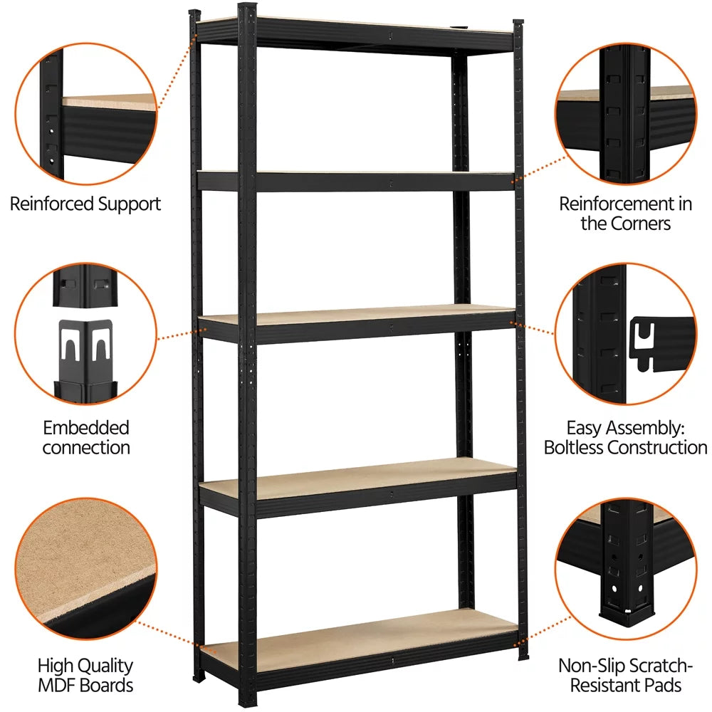 5-Shelf Adjustable Steel Storage Shelf Unit, Black, 2 Pack C706511