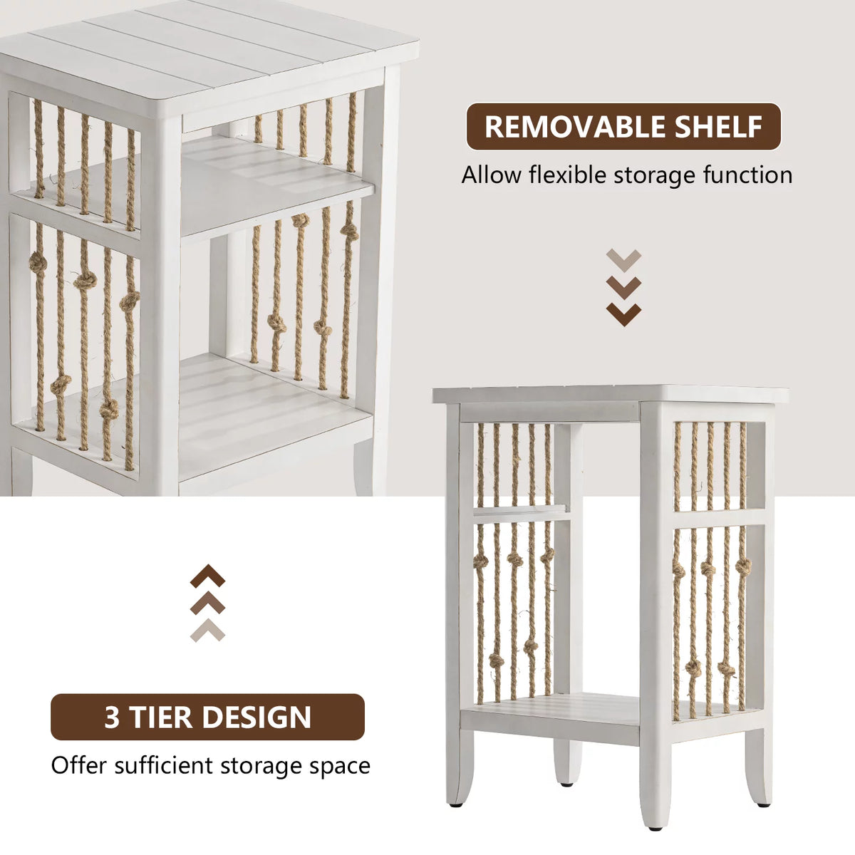 White 3-Tier MDF Side Table with Hemp Rope N62725