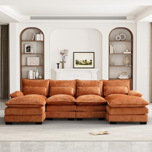 U Shape Sectional Sofa, 110" Upholstery Modular Sofa, 4 Seat Chenille Sleeper Sofa with Double Chaise, Orange Q5934