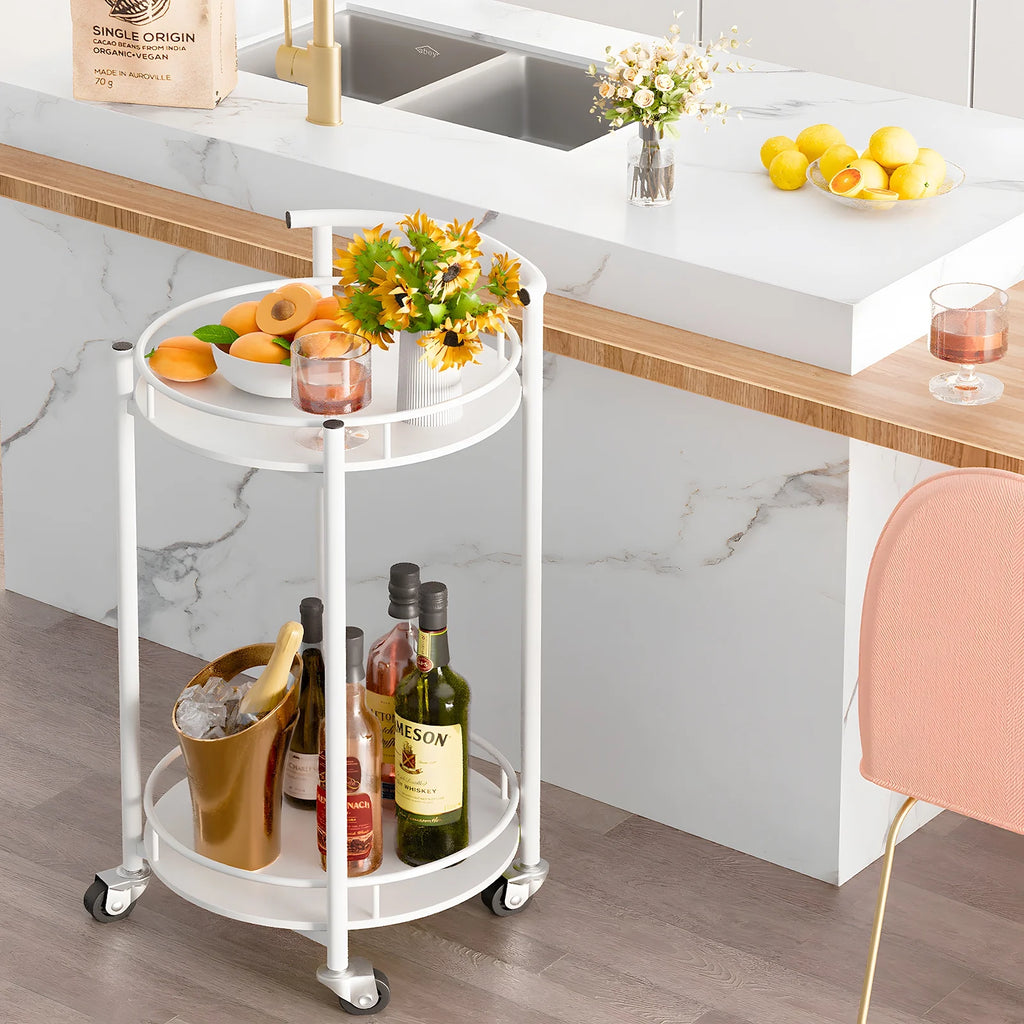 White 2 Tiers Rolling Metal Bar Cart with Handle I51623
