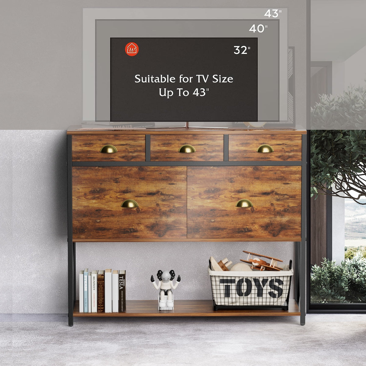 Rustic Brown Console Table with Drawers and Storage Shelves P82772