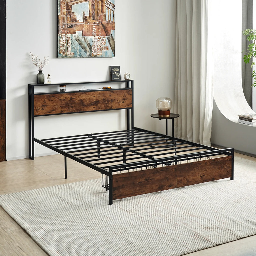 Queen Size Metal Platform Bed Frame with Storage and USB Port G12986