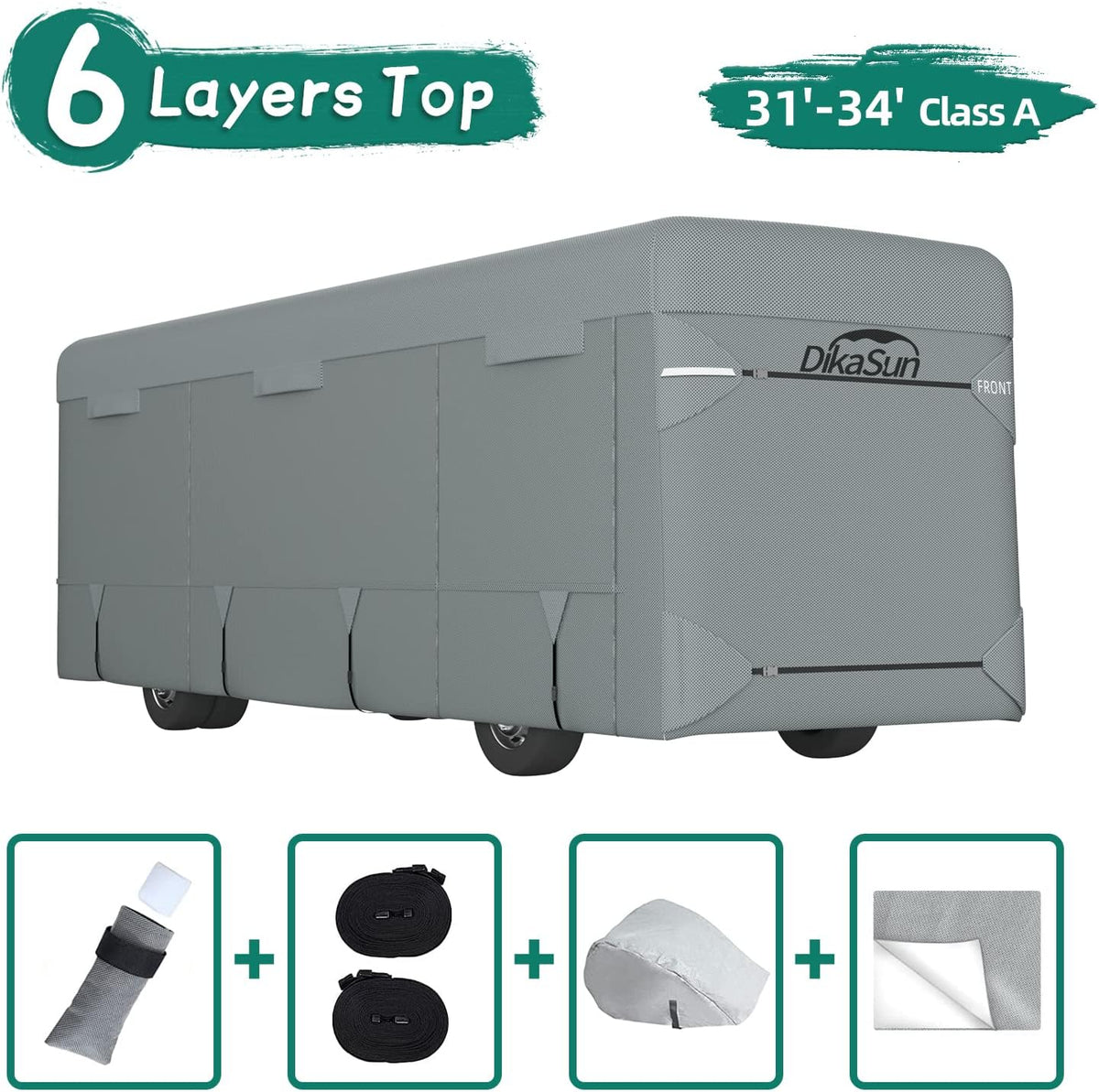 RV Cover for 31'-34' with 2Pcs Extra Straps & 6 Gutter Covers Grey V840288