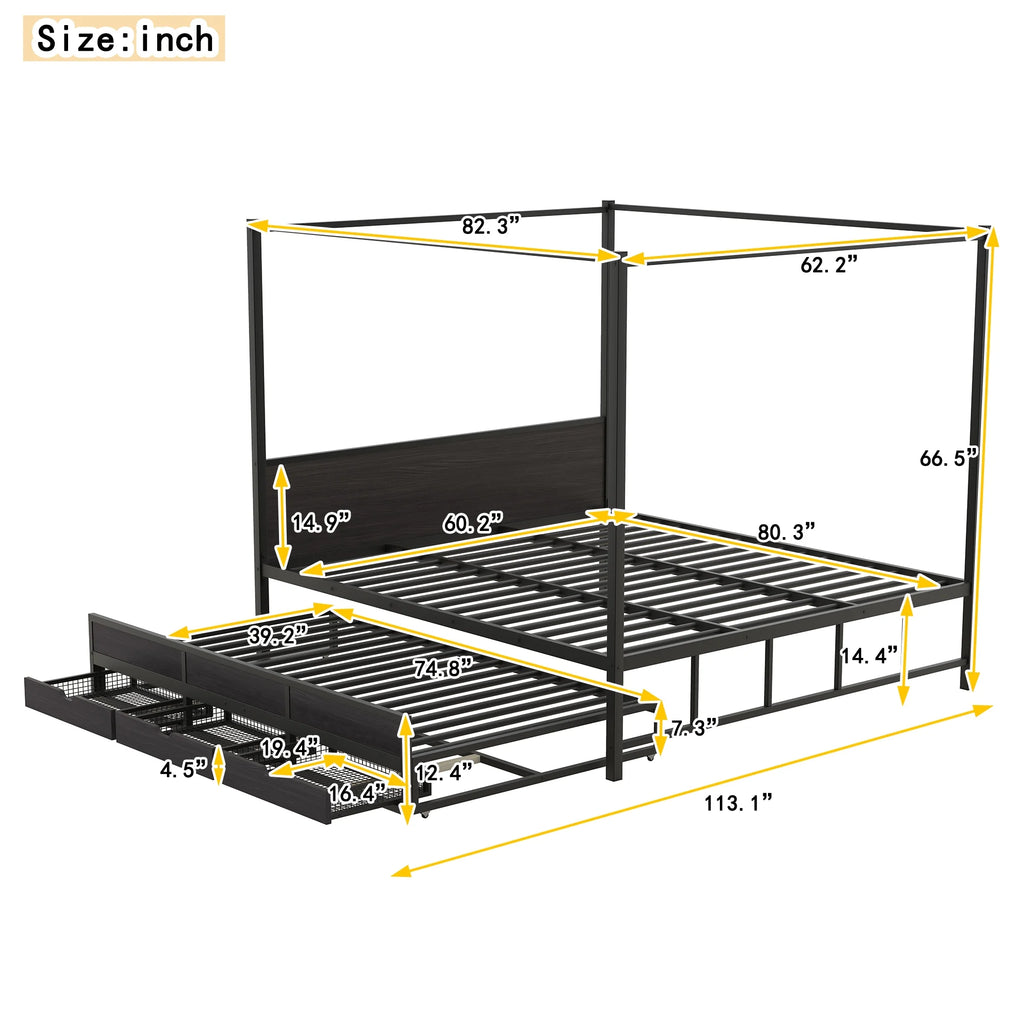 Queen Size Black Metal Canopy Platform Bed with Trundle and 3 Storage Drawers Z859