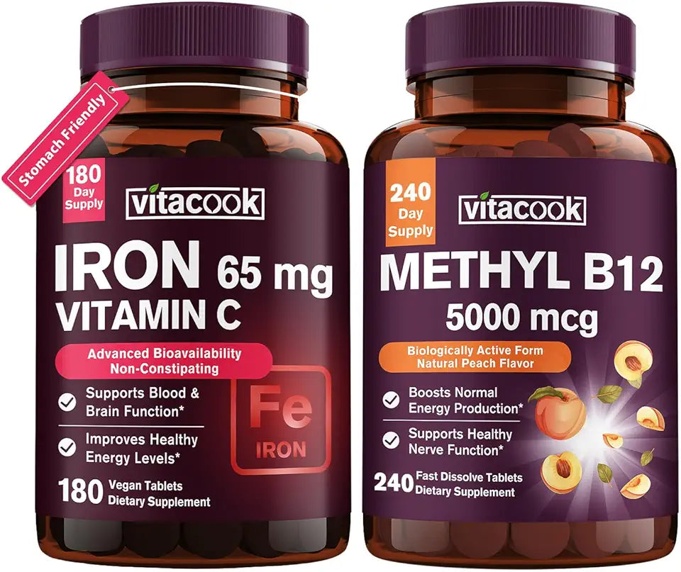 Iron and Vitamin B12 Bundle, 5000 mcg B12, Carbonyl Iron with Vitamin C A61017