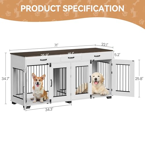 White Wooden Double Dog Crate with 3 Drawers B322