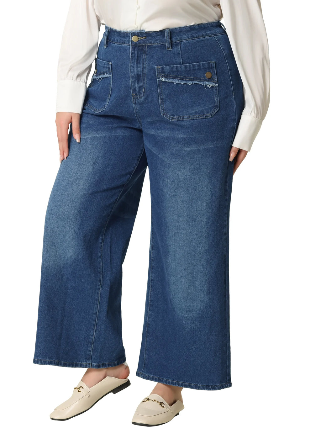 Plus Size Wide Leg Stretch Washed Long Jeans D8621