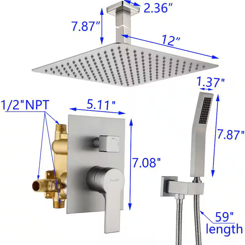 12 in. Ceiling Mount Dual Shower Heads with Pressure Balance Valve in Brushed Nickel V87739