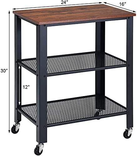 3-Tier Rolling Utility Cart with Metal Frame Wooden Table and Two Grid Storage Shelves M541