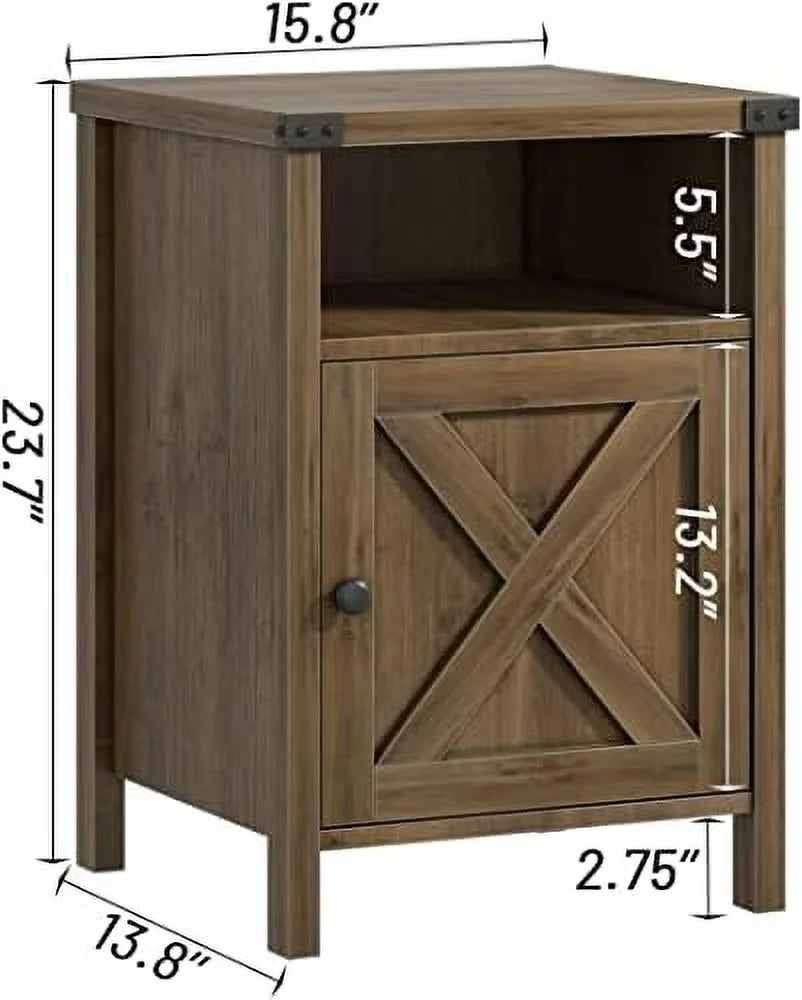 Farmhouse Wooden End Table Set of 2 with Barn Door L138