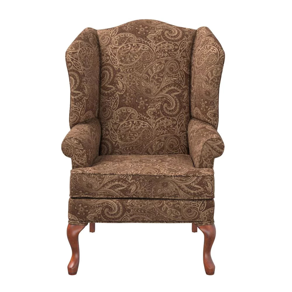 Paisley Cocoa Brown Chenille Fabric Wing Back Accent Chair T6201