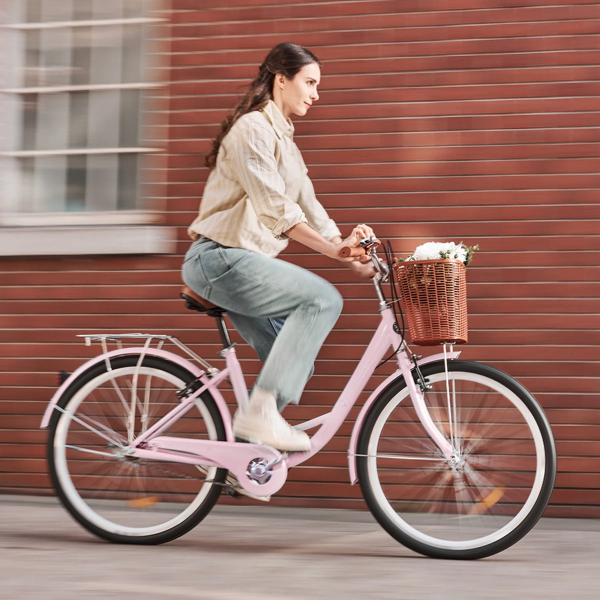 26 Inch Pink Cruiser Bicycle with Basket Rack A591