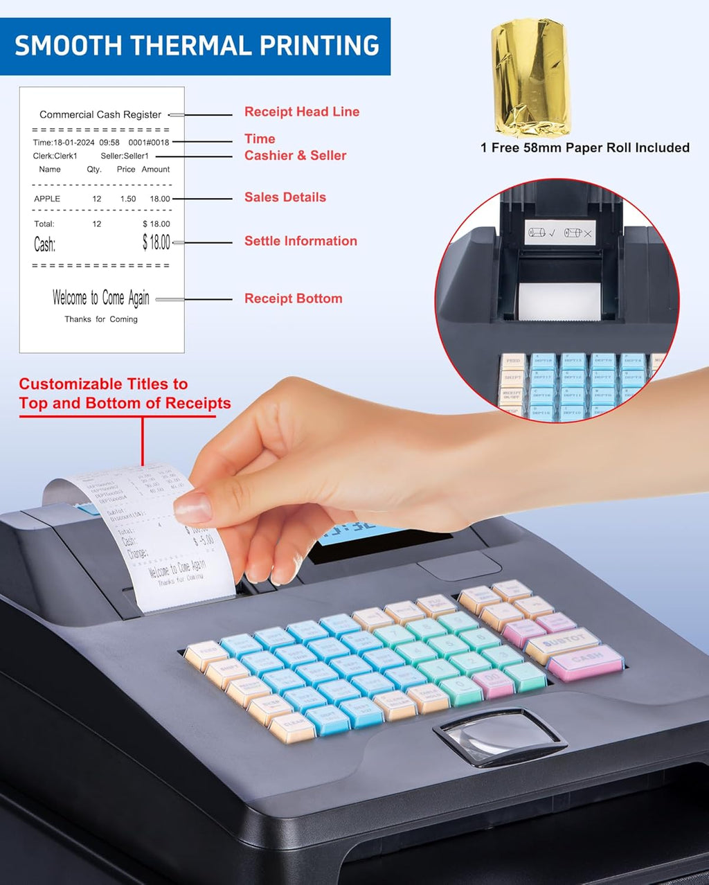 Cash Register with Cash Drawer and Built-In Receipt Printer, Dual Display L2994