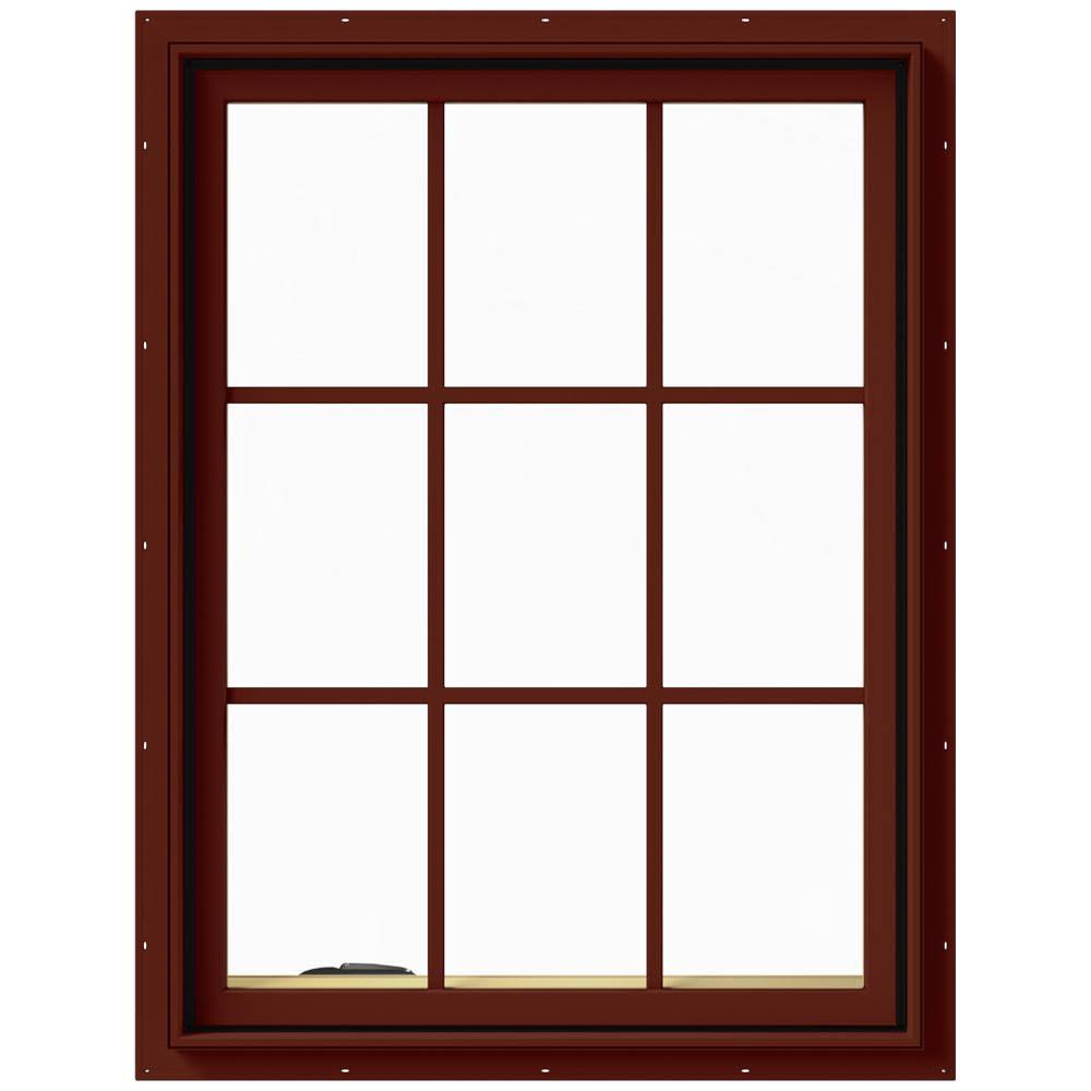 30 in. x 40 in. Red Clad Wood Left-Handed Casement Window with Colonial Grids K820113