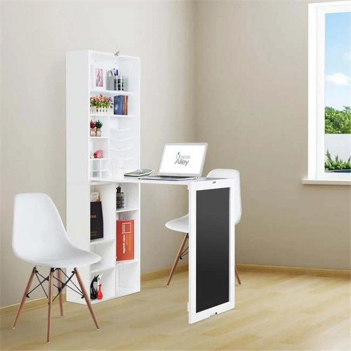 White Collapsible Fold Down Desk Table & Wall Cabinet with Chalkboard & Bottom Shelf P48781