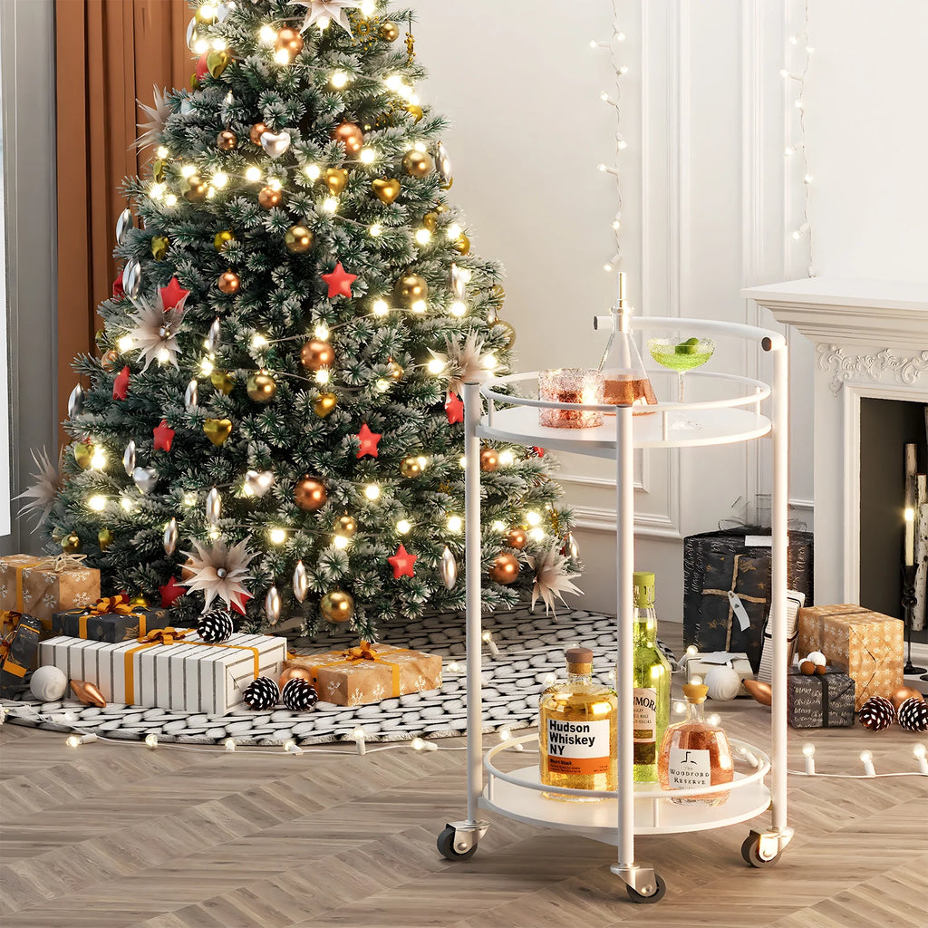 White 2 Tiers Rolling Metal Bar Cart with Handle I51623