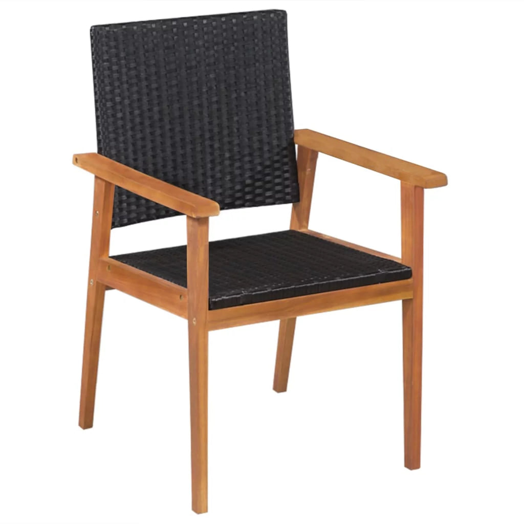 5 Piece Acacia Wood Top Dining Table and 4 Chairs Black Poly Rattan Outdoor Dining Set T5495