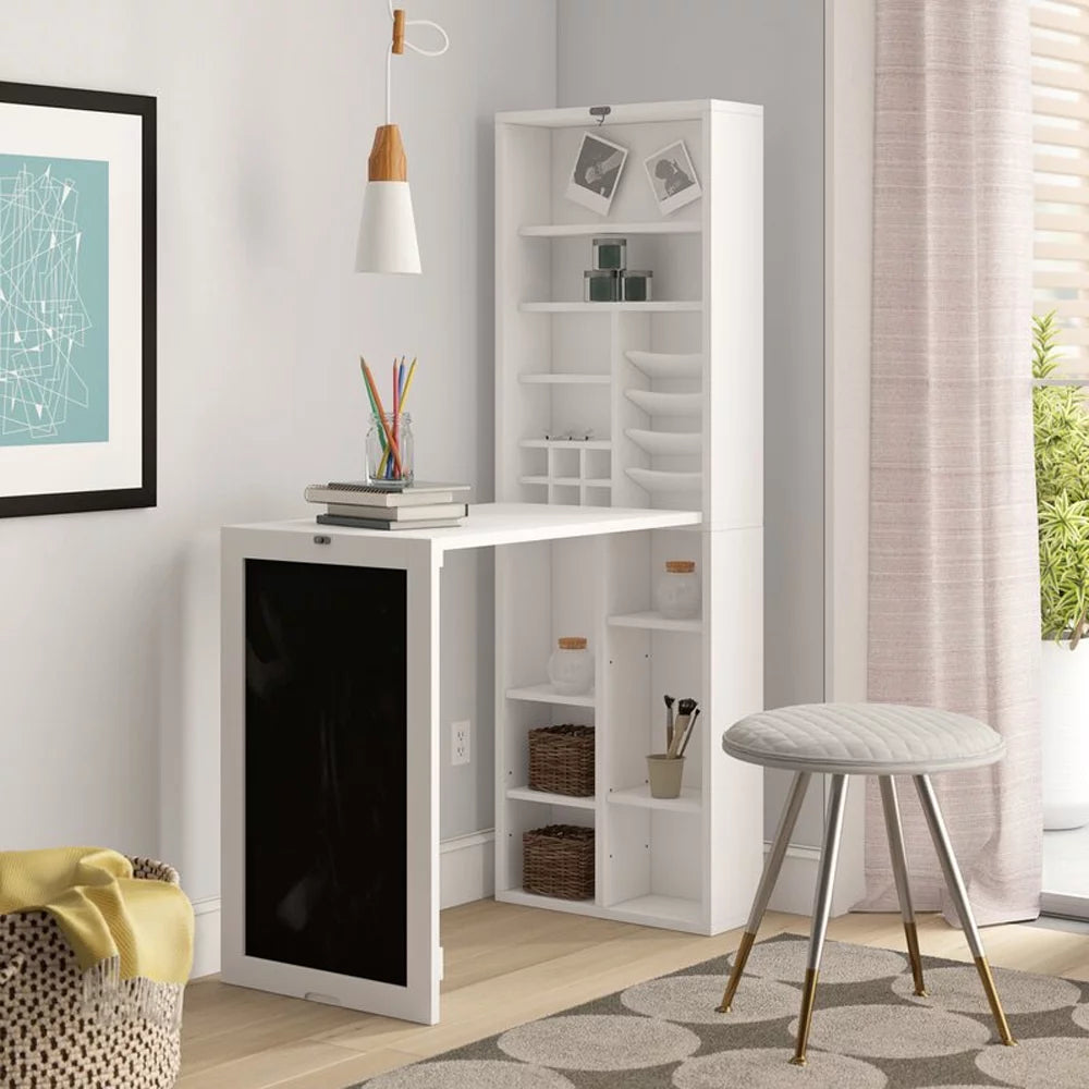 White Collapsible Fold Down Desk Table & Wall Cabinet with Chalkboard & Bottom Shelf P48781