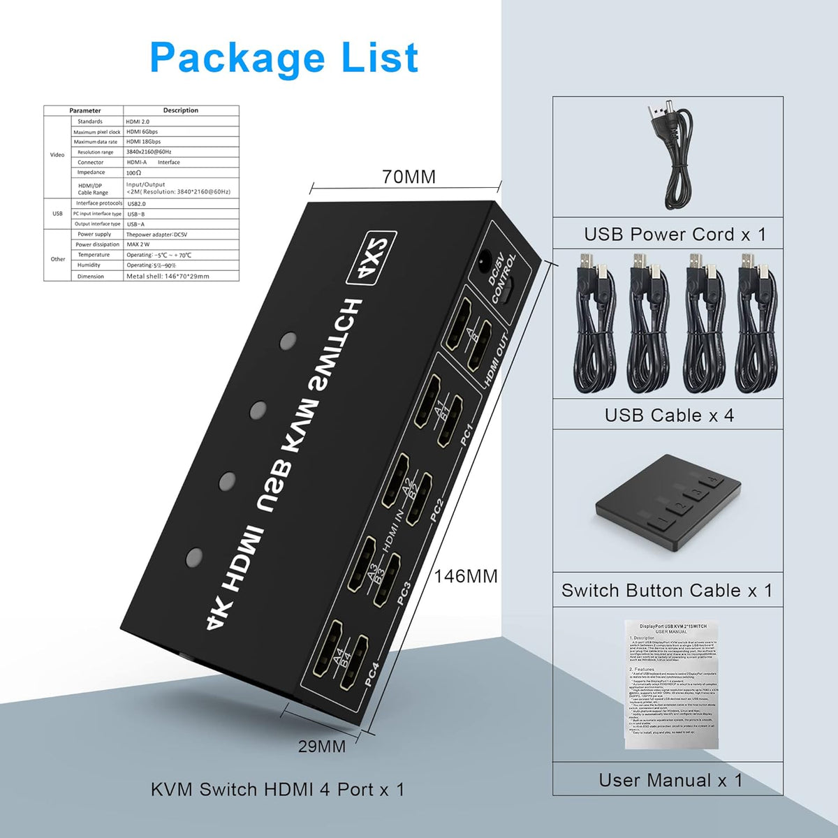 4 Port HDMI KVM Switch 4K@60Hz 4 in 2 Out T78182