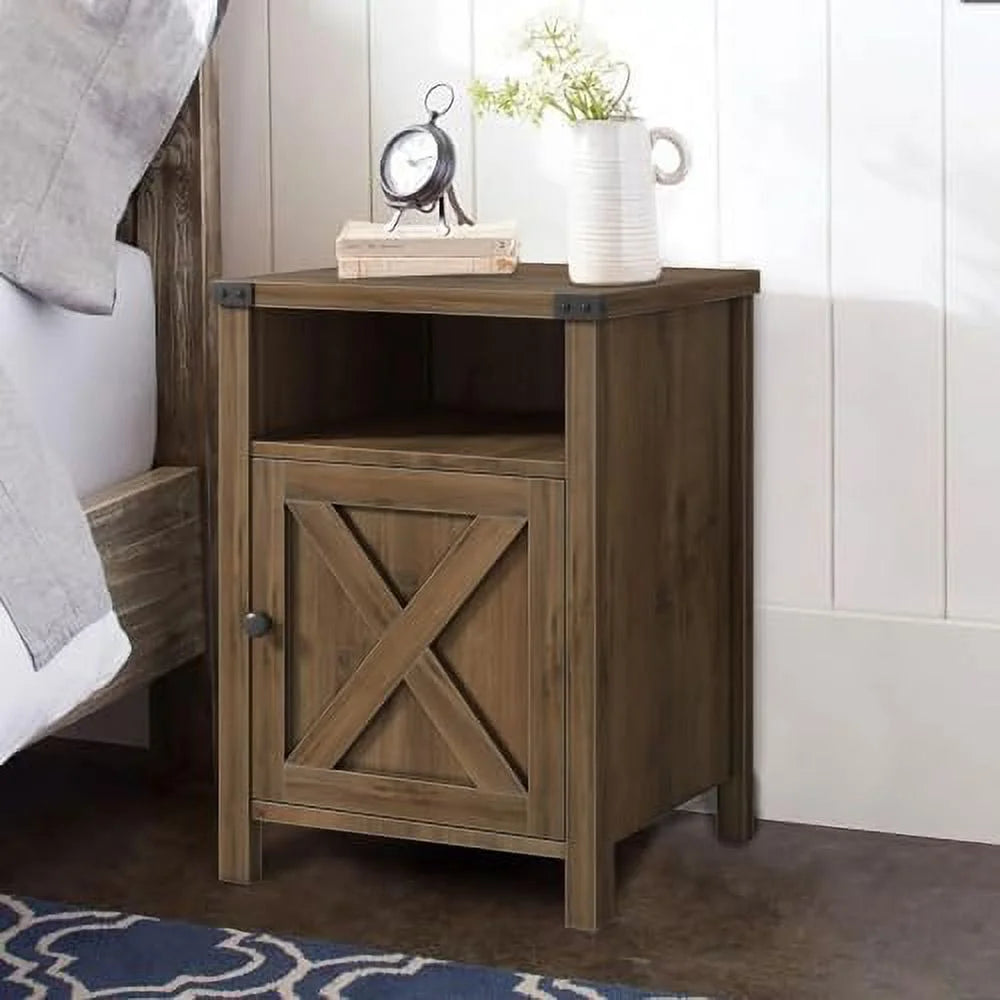 Farmhouse Wooden End Table Set of 2 with Barn Door L138