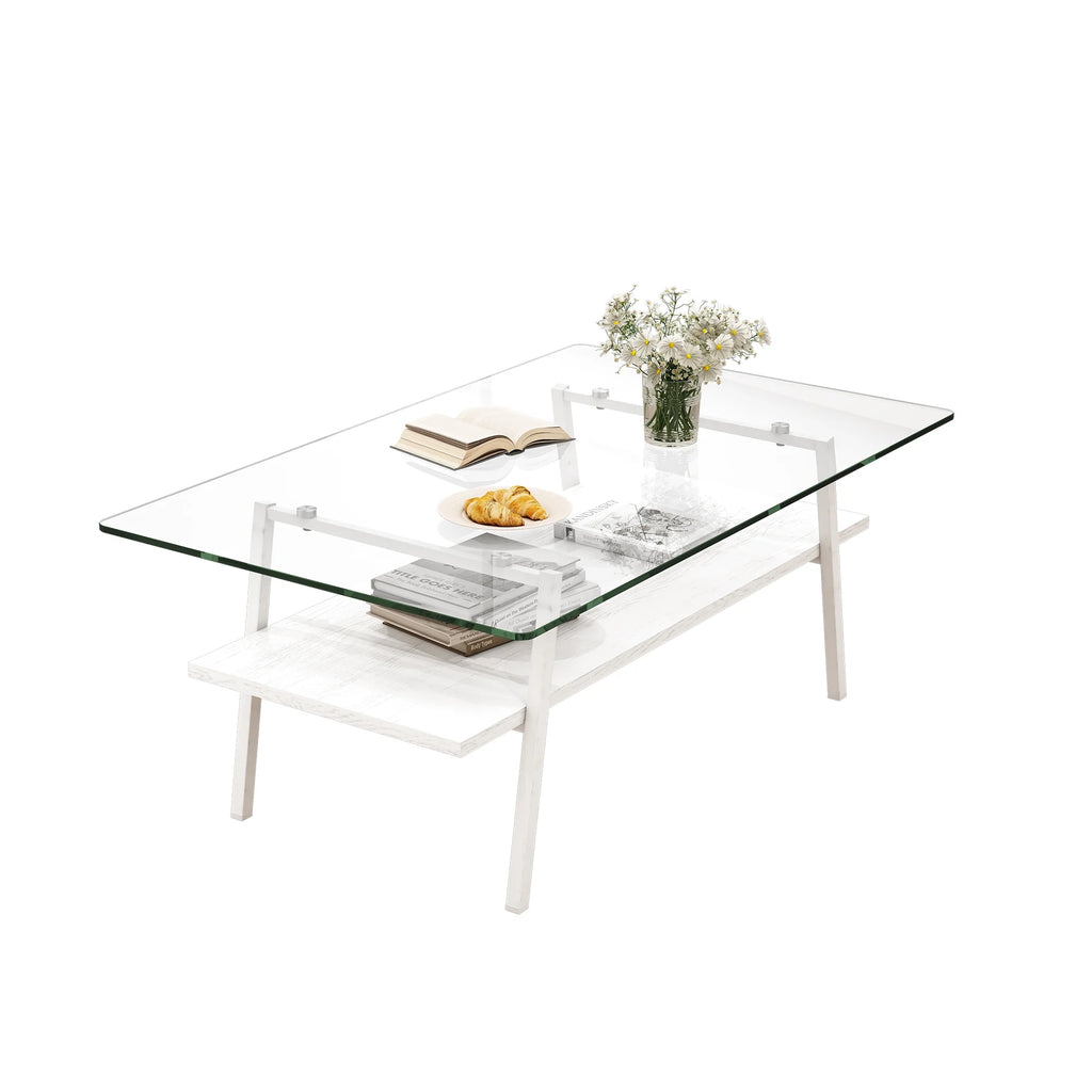 Rectangle Coffee Table with Tempered Glass Tabletop and White Metal Legs K9415